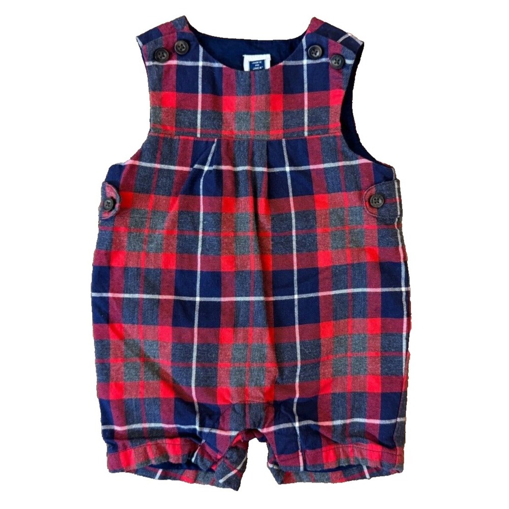 Janie and Jack Baby Boy 0/3 Months Red Plaid Christmas Holiday Romper Outfit